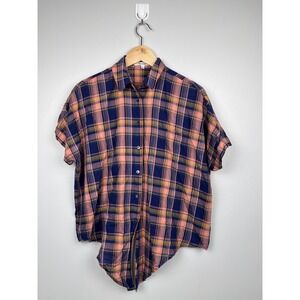Madewell Plaid Tie Front Shirt S Navy Pink Button Up Coastal Grandma Chic